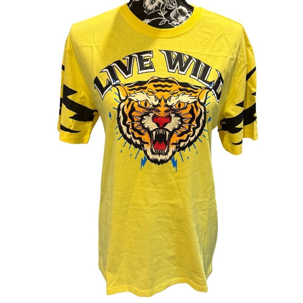 NWT Sole Goat Vibrant Yellow 'Live Wild' Tiger Graphic Tee Striped Sleeves-2XL - Picture 2 of 8